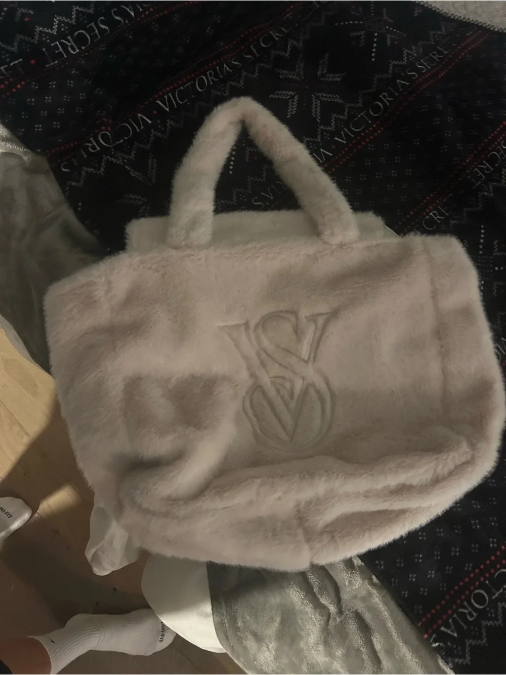 Victoria's Secret Off White Faux Fur Tote with Embossed VS Logo